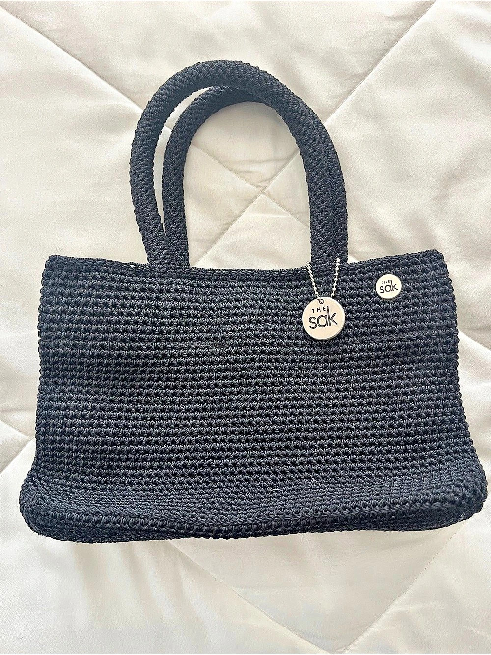 The Sak Original Black Crochet Tote Bag Vintage Boho Mini Handbag